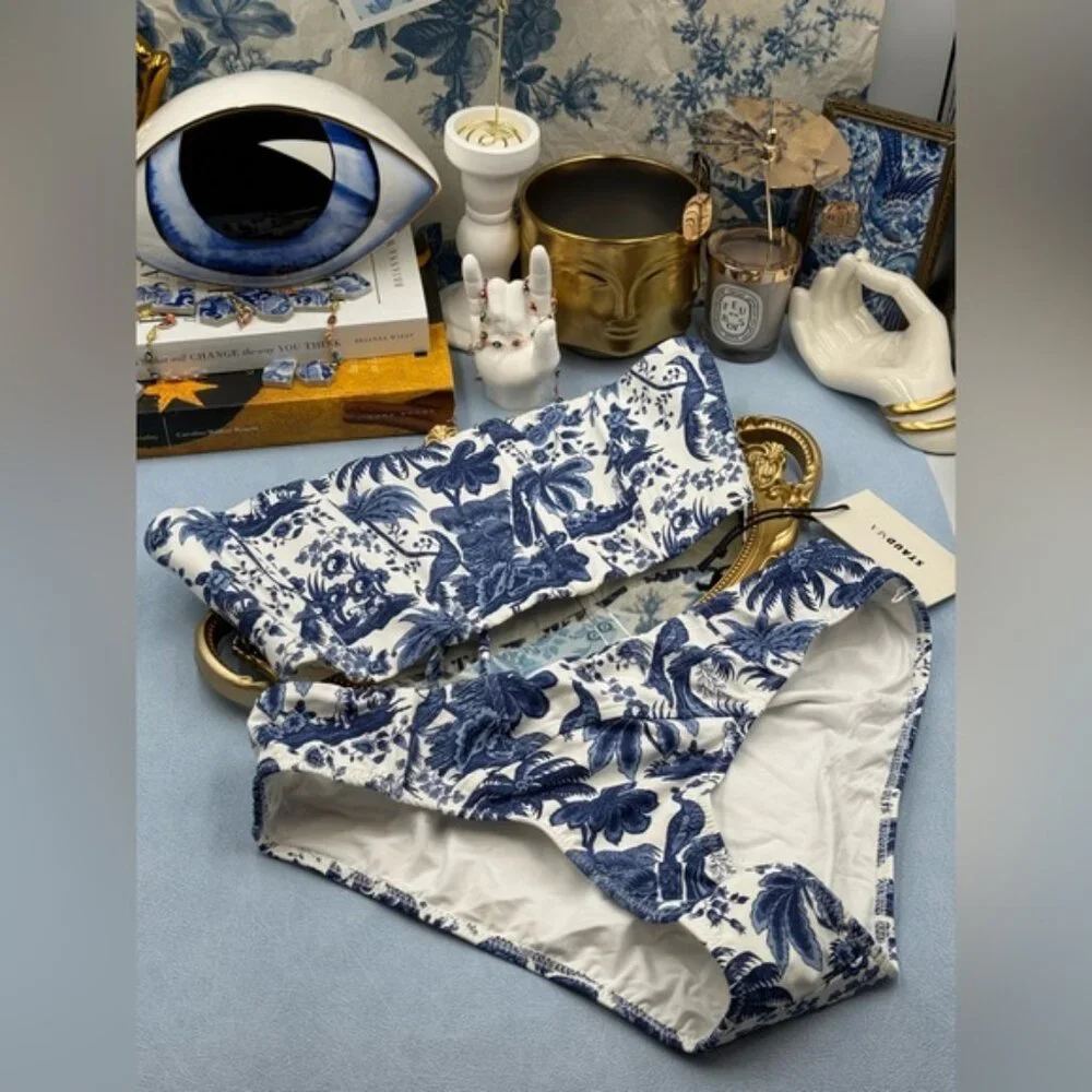 🆕 STAUD 🧿 NWT Blue Toile Bikini Set, Mala Top & Corsage Bottom - Sz L - Blue - Picture 11 of 16